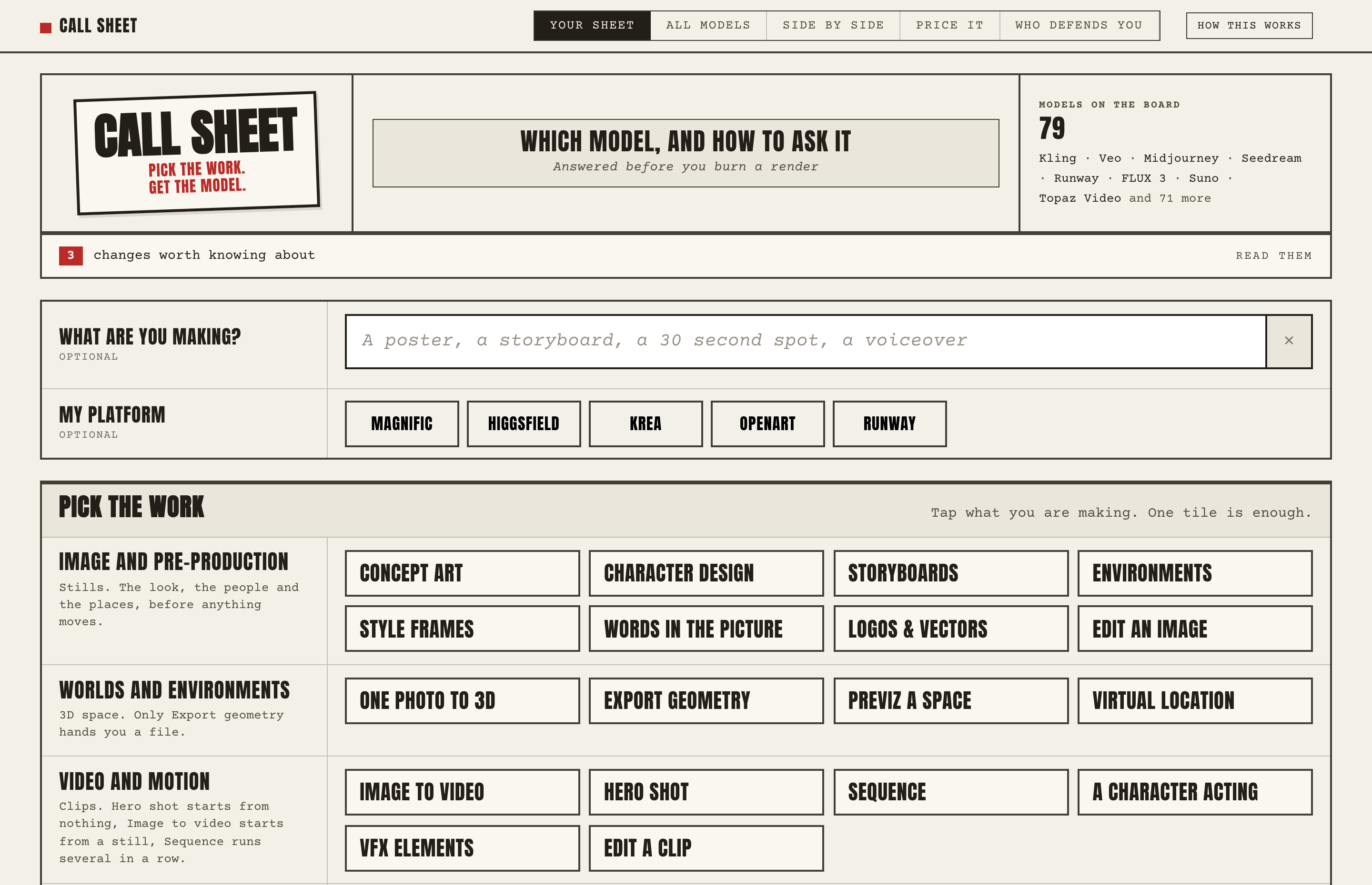 Call Sheet running: 79 models on the board, pick the work, get the model