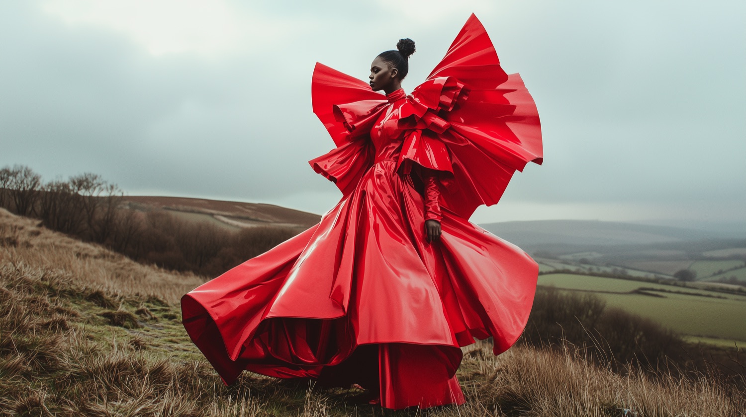 Red gown on a hillside