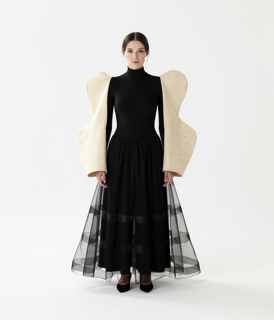 Black outfit with beige sleeves