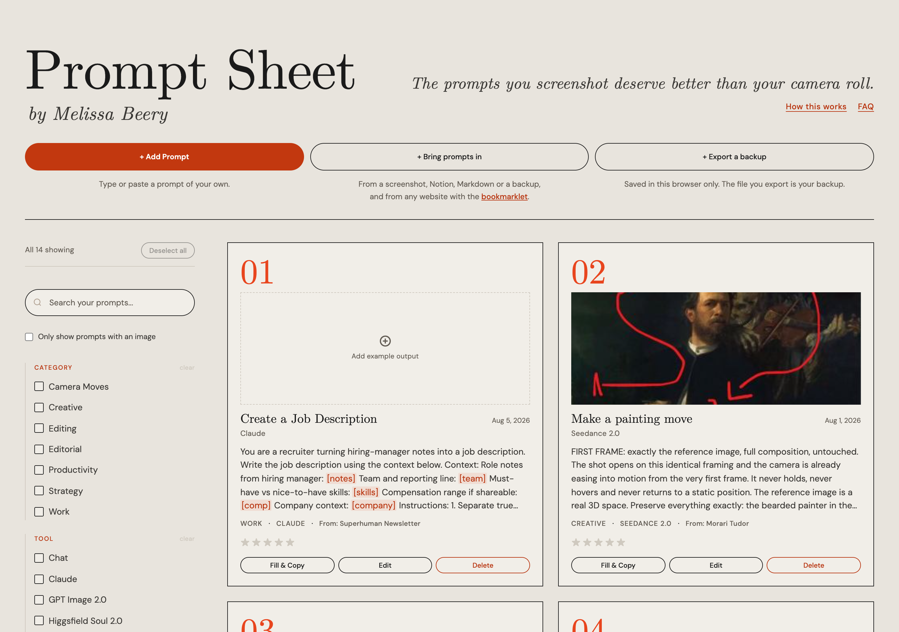 Prompt Sheet running: numbered prompt cards with their blanks picked out in orange