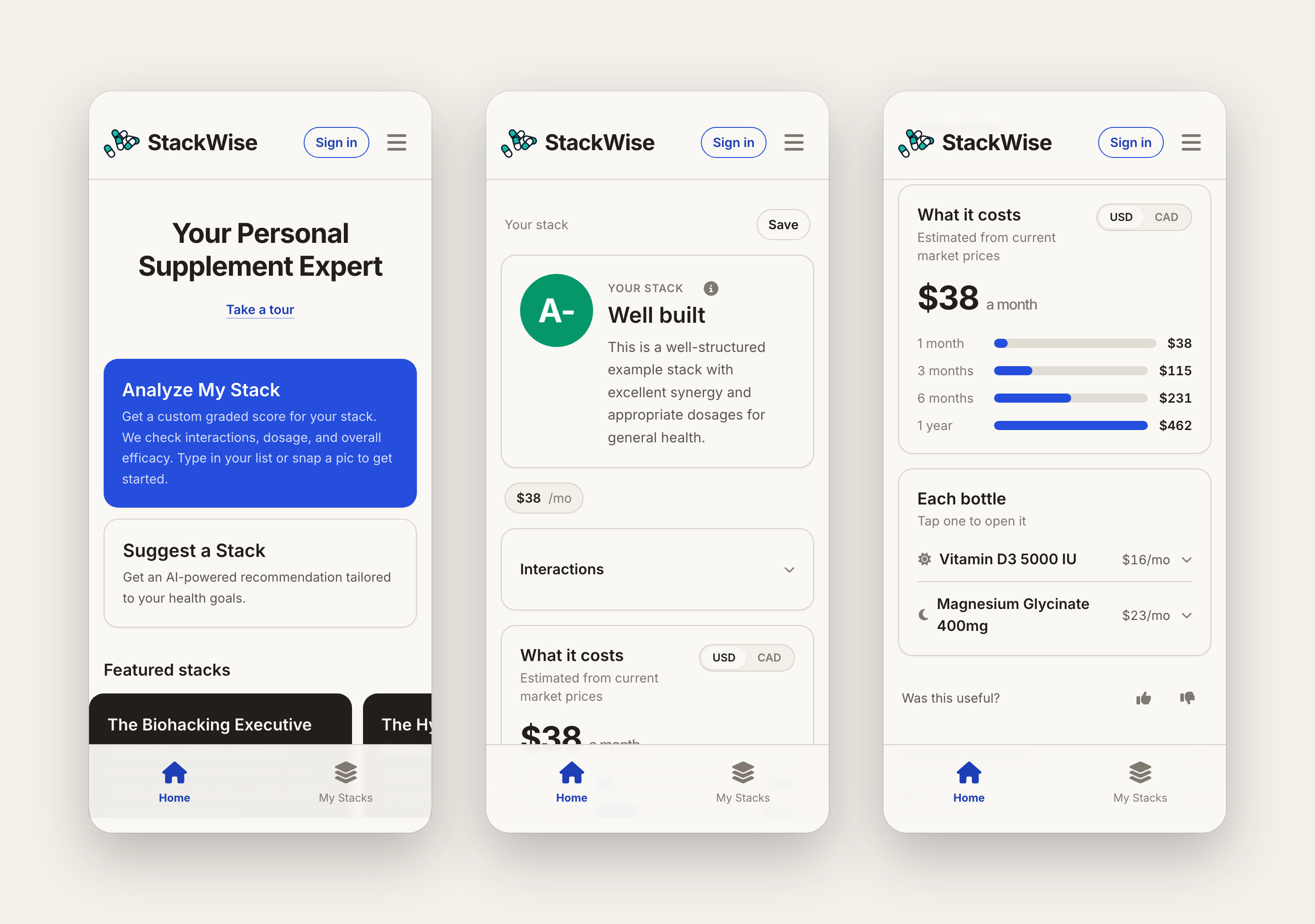 StackWise on a phone: the landing screen, a graded stack, and what it costs by the month and the year